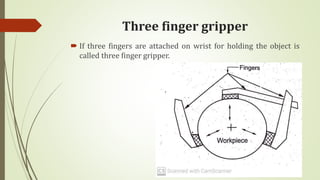 Three finger gripper
 If three fingers are attached on wrist for holding the object is
called three finger gripper.
 