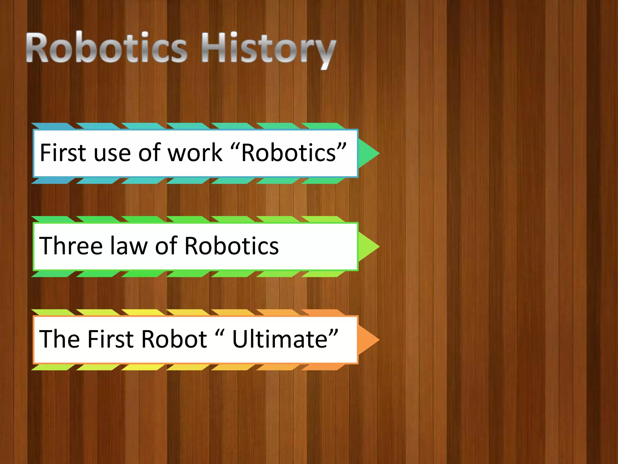 First use of work “Robotics”


Three law of Robotics


The First Robot “ Ultimate”
 