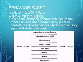 BEHAVIOR-BASED
ROBOT CONTROL
ARCHITECTURES• In a behavior-based control architecture the
robot’s actions are determined by a set of
parallel, reactive behaviors which map sensory
input and state to actions.
 