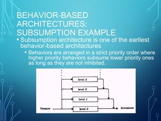 BEHAVIOR-BASED
ARCHITECTURES:
SUBSUMPTION EXAMPLE
• Subsumption architecture is one of the earliest
behavior-based architectures
• Behaviors are arranged in a strict priority order where
higher priority behaviors subsume lower priority ones
as long as they are not inhibited.
 