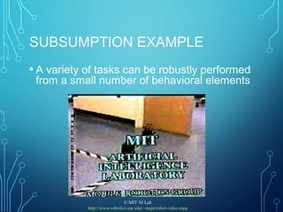 SUBSUMPTION EXAMPLE
• A variety of tasks can be robustly performed
from a small number of behavioral elements
© MIT AI Lab
http://www-robotics.usc.edu/~maja/robot-video.mpg
 