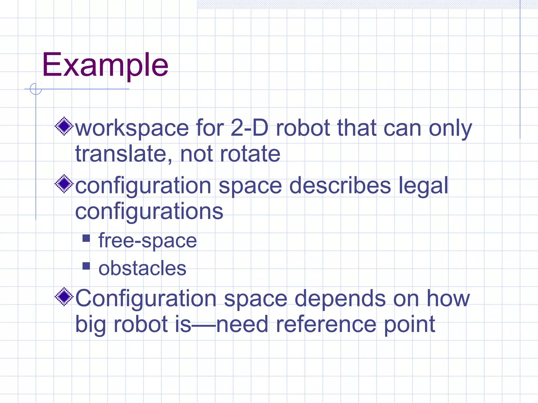 Example
workspace for 2-D robot that can only
translate, not rotate
configuration space describes legal
configurations
 free-space
 obstacles
Configuration space depends on how
big robot is—need reference point
 