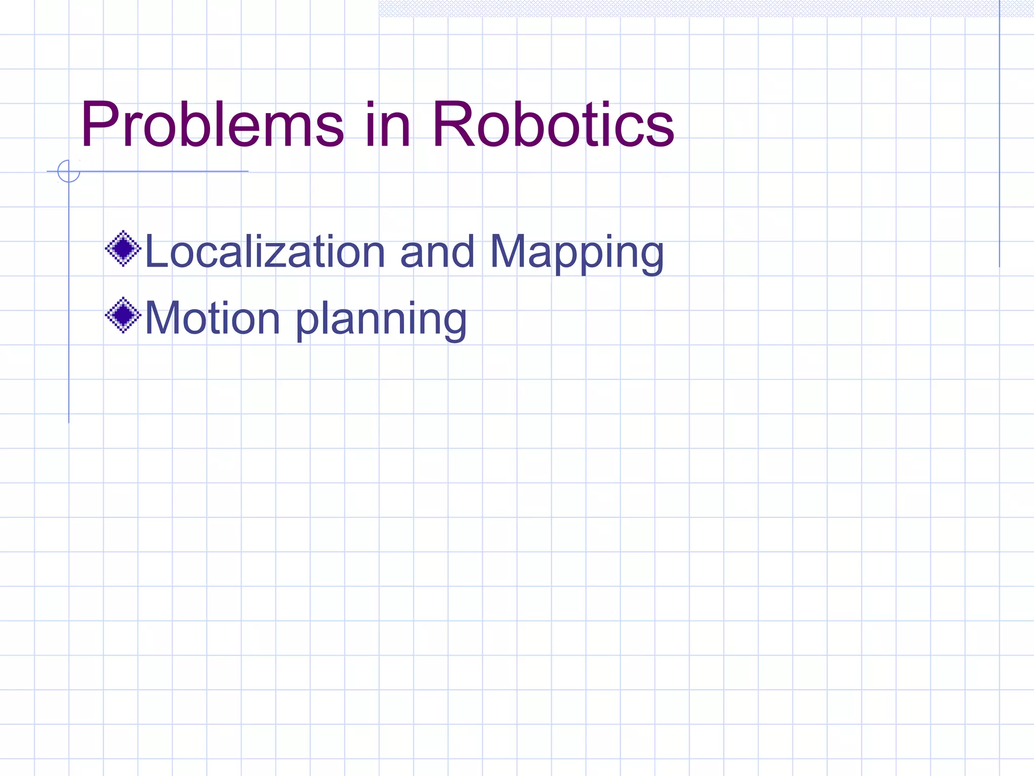 Problems in Robotics
Localization and Mapping
Motion planning
 