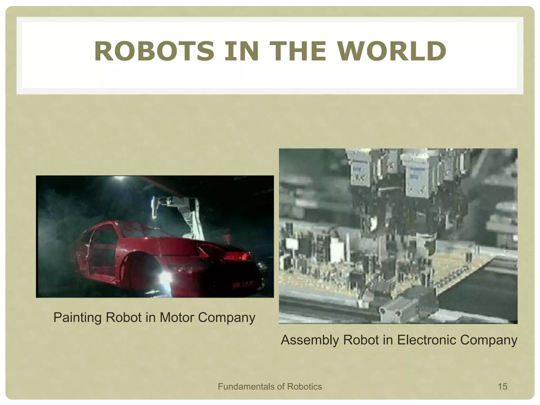 Painting Robot in Motor Company
Assembly Robot in Electronic Company
ROBOTS IN THE WORLD
Fundamentals of Robotics 15
 