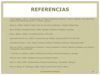 REFERENCIAS
• Jorge Angeles. (2014). Fundamentals of Robotic Mechanical Systems: Theory, Methods, and Algorithms
(Mechanical Engineering Series). 4th edition. Springer.
• Bekey G. (2008). Robotics: State of the art and future challenges. Imperial College Press.
• Bruno Siciliano, Oussama Khatib. (2008). Springer Handbook of Robotics. Springer.
• Maja J. Mataric. (2007). The Robotics Primer. MIT Press.
• Barrientos Antonio et al. (2007). Fundamentos de robótica. Segunda Edición. Mc Graw Hill.
• José Santos, Richar J. Duro. (2004). Evolución Artificial y Robótica Autónoma. Alfaomega-RaMA.
• Ming Xie (2003). Fundamentals of Robotics: Linking Perception to Action (Machine Perception and Artificial
Intelligence). World Scientific.
• L. Sciavicco, B. Siciliano. (2003). Modeling and Control of Robots Manipulators. Springer.
• Shimon Y Nof. (1999). Handbook of Industrial Robotics. Wiley.
• Harry H. Poole (1989). Fundamentals of Robotics Engineering. First Edition. Springer.
• Mark W. Spong, M. Vidyasagar (1989). Robot Dynamics and Control. Wiley.
Fundamentals of Robotics 35
 