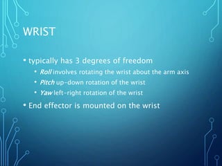 WRIST
• typically has 3 degrees of freedom
• Roll involves rotating the wrist about the arm axis
• Pitch up-down rotation of the wrist
• Yaw left-right rotation of the wrist
• End effector is mounted on the wrist
 