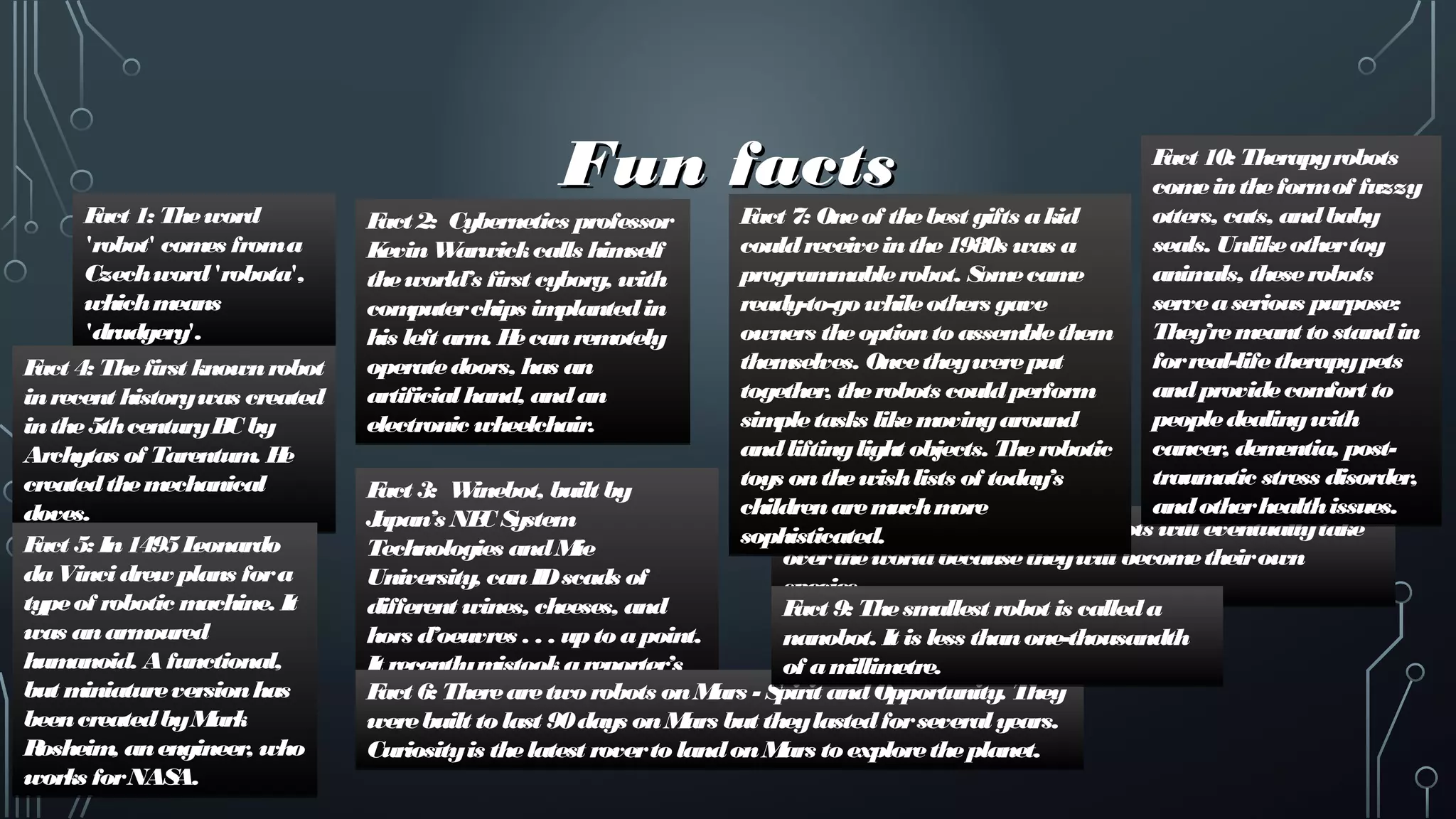 Fun factsFun facts
Fact 2: Cybernetics professor
KevinWarwickcalls himself
theworld’s first cyborg, with
computerchips implantedin
his left arm. Hecanremotely
operatedoors, has an
artificialhand, andan
electronic wheelchair.
Fact 2: Cybernetics professor
KevinWarwickcalls himself
theworld’s first cyborg, with
computerchips implantedin
his left arm. Hecanremotely
operatedoors, has an
artificialhand, andan
electronic wheelchair.
Fact 3: Winebot, built by
Japan’s NEC System
Technologies andMie
University, canIDscads of
different wines, cheeses, and
hors d’oeuvres . . . uptoapoint.
It recentlymistookareporter’s
handforatypeof wine.
Fact 3: Winebot, built by
Japan’s NEC System
Technologies andMie
University, canIDscads of
different wines, cheeses, and
hors d’oeuvres . . . uptoapoint.
It recentlymistookareporter’s
handforatypeof wine.
Fact 1: Theword
'robot' comes froma
Czechword'robota',
whichmeans
'drudgery'.
Fact 1: Theword
'robot' comes froma
Czechword'robota',
whichmeans
'drudgery'.
Fact 4: Thefirst knownrobot
inrecent historywas created
inthe5thcenturyBC by
Archytas of Tarentum. He
createdthemechanical
doves.
Fact 4: Thefirst knownrobot
inrecent historywas created
inthe5thcenturyBC by
Archytas of Tarentum. He
createdthemechanical
doves.
Fact 5: In1495Leonardo
daVincidrewplans fora
typeof robotic machine. It
was anarmoured
humanoid. Afunctional,
but miniatureversionhas
beencreatedbyMark
Rosheim, anengineer, who
works forNASA.
Fact 5: In1495Leonardo
daVincidrewplans fora
typeof robotic machine. It
was anarmoured
humanoid. Afunctional,
but miniatureversionhas
beencreatedbyMark
Rosheim, anengineer, who
works forNASA.
Fact 6: Therearetworobots onMars - Spirit andOpportunity. They
werebuilt tolast 90days onMars but theylastedforseveralyears.
Curiosityis thelatest roverto landonMars toexploretheplanet.
Fact 6: Therearetworobots onMars - Spirit andOpportunity. They
werebuilt tolast 90days onMars but theylastedforseveralyears.
Curiosityis thelatest roverto landonMars toexploretheplanet.
Fact 8: Somepeoplefearthat robots willeventuallytake
overtheworldbecausetheywillbecometheirown
species.
Fact 8: Somepeoplefearthat robots willeventuallytake
overtheworldbecausetheywillbecometheirown
species.
Fact 9: Thesmallest robot is calleda
nanobot. It is less thanone-thousandth
of amillimetre.
Fact 9: Thesmallest robot is calleda
nanobot. It is less thanone-thousandth
of amillimetre.
Fact 7: Oneof thebest gifts akid
couldreceiveinthe1980s was a
programmablerobot. Somecame
ready-to-gowhileothers gave
owners theoptiontoassemblethem
themselves. Oncetheywereput
together, therobots couldperform
simpletasks likemovingaround
andliftinglight objects. Therobotic
toys onthewishlists of today’s
childrenaremuchmore
sophisticated.
Fact 7: Oneof thebest gifts akid
couldreceiveinthe1980s was a
programmablerobot. Somecame
ready-to-gowhileothers gave
owners theoptiontoassemblethem
themselves. Oncetheywereput
together, therobots couldperform
simpletasks likemovingaround
andliftinglight objects. Therobotic
toys onthewishlists of today’s
childrenaremuchmore
sophisticated.
Fact 10: Therapyrobots
comeintheformof fuzzy
otters, cats, andbaby
seals. Unlikeothertoy
animals, theserobots
serveaserious purpose:
They’remeant to standin
forreal-lifetherapypets
andprovidecomfort to
peopledealingwith
cancer, dementia, post-
traumatic stress disorder,
andotherhealthissues.
Fact 10: Therapyrobots
comeintheformof fuzzy
otters, cats, andbaby
seals. Unlikeothertoy
animals, theserobots
serveaserious purpose:
They’remeant to standin
forreal-lifetherapypets
andprovidecomfort to
peopledealingwith
cancer, dementia, post-
traumatic stress disorder,
andotherhealthissues.
 