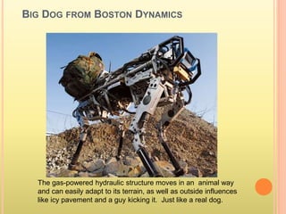 BIG DOG FROM BOSTON DYNAMICS
The gas-powered hydraulic structure moves in an animal way
and can easily adapt to its terrain, as well as outside influences
like icy pavement and a guy kicking it. Just like a real dog.
 