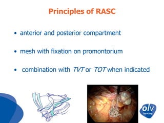 Principles of RASC
• anterior and posterior compartment
• mesh with fixation on promontorium
• combination with TVT or TOT when indicated

 