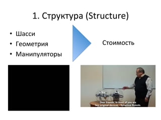 1.	
  Структура	
  (Structure)	
  
•  Шасси	
  
•  Геометрия	
  
•  Манипуляторы	
  
Стоимость	
  
 