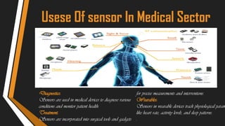 Usese Of sensor In Medical Sector
Diagnostics:
Sensors are used in medical devices to diagnose various
conditions and monitor patient health.
Treatment:
Sensors are incorporated into surgical tools and gadgets
for precise measurements and interventions.
Wearables:
Sensors in wearable devices track physiological param
like heart rate, activity levels, and sleep patterns.
.
 