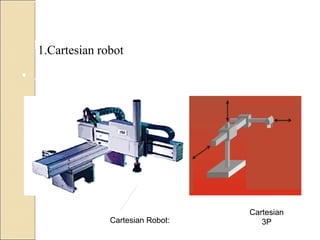 • Arm moves in 3 linear axes. x,y,z axes
Cartesian
3P
1.Cartesian robot
Cartesian
3P
Cartesian Robot:
1.Cartesian robot
 