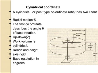  A cylindrical or post type co-ordinate robot has two linear
motion and one rotary motion.
 Radial motion ®
 The first co ordinate
describes the angle θ
of base rotation.
 Up-down(Z)
 Work volume is
 cylindrical.
 Reach and height
 axis rigid
 Base resolution in
degrees
Cylindrical coordinate
 