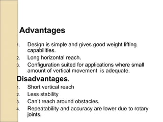 Advantages
1. Design is simple and gives good weight lifting
capabilities.
2. Long horizontal reach.
3. Configuration suited for applications where small
amount of vertical movement is adequate.
Disadvantages.
1. Short vertical reach
2. Less stability
3. Can’t reach around obstacles.
4. Repeatability and accuracy are lower due to rotary
joints.
 