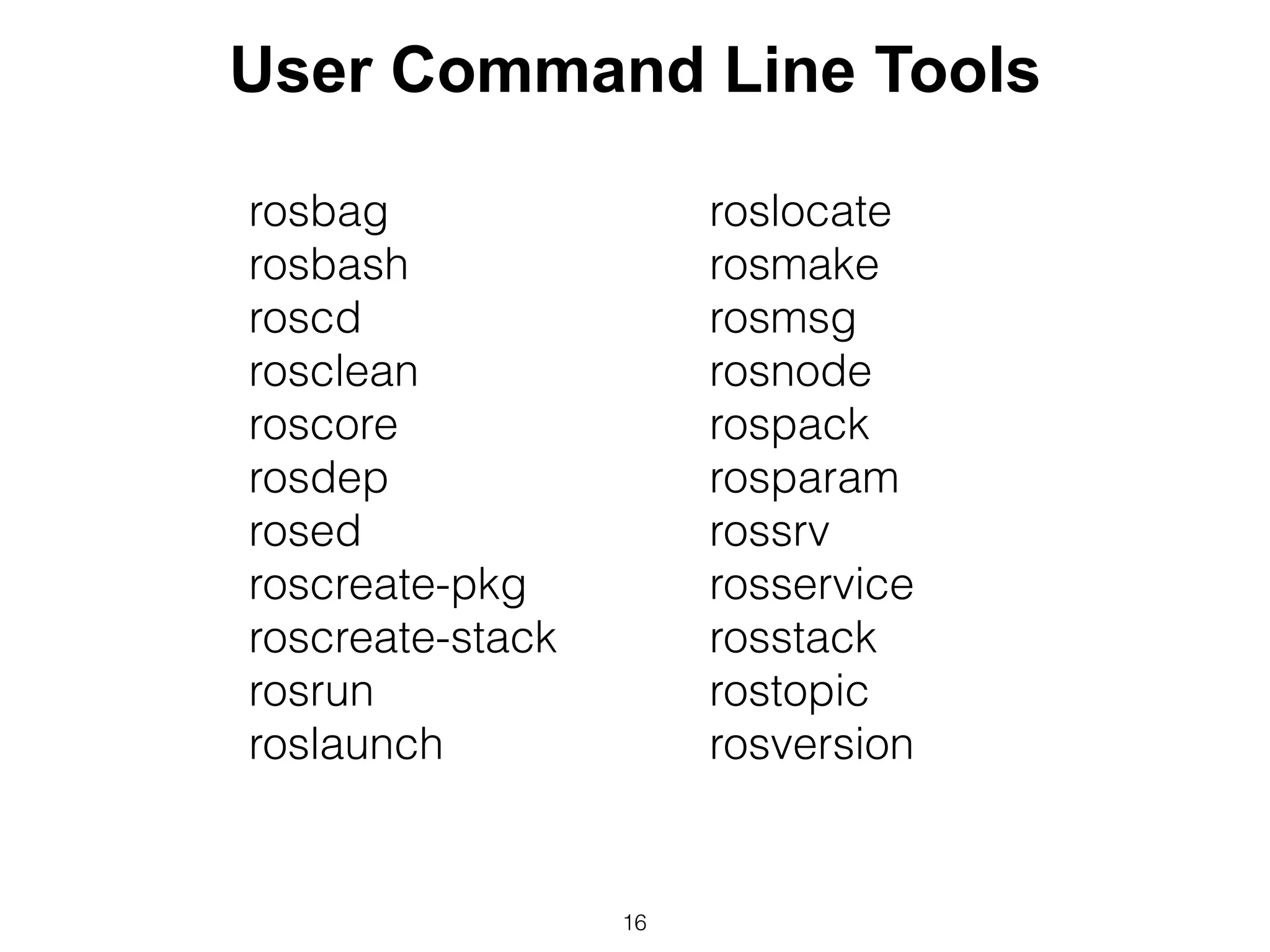 16
rosbag
rosbash
roscd
rosclean
roscore
rosdep
rosed
roscreate-pkg
roscreate-stack
rosrun
roslaunch
roslocate
rosmake
rosmsg
rosnode
rospack
rosparam
rossrv
rosservice
rosstack
rostopic
rosversion
User Command Line Tools
 