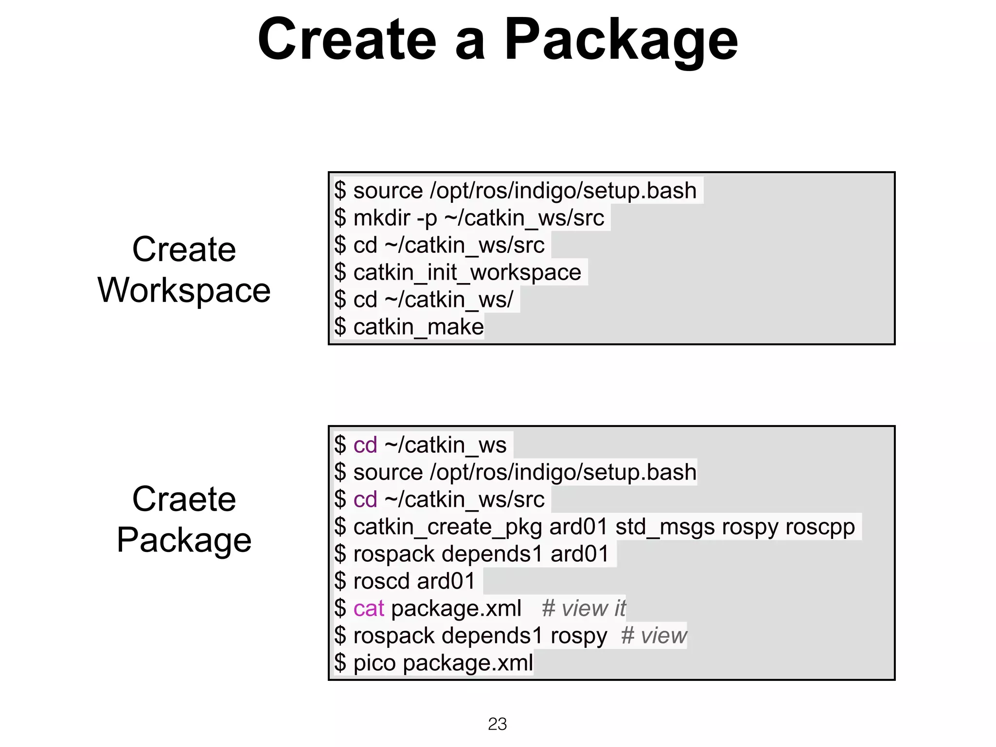 Create a Package
23
$ source /opt/ros/indigo/setup.bash
$ mkdir -p ~/catkin_ws/src
$ cd ~/catkin_ws/src
$ catkin_init_workspace
$ cd ~/catkin_ws/
$ catkin_make
$ cd ~/catkin_ws
$ source /opt/ros/indigo/setup.bash
$ cd ~/catkin_ws/src
$ catkin_create_pkg ard01 std_msgs rospy roscpp
$ rospack depends1 ard01
$ roscd ard01
$ cat package.xml # view it
$ rospack depends1 rospy # view
$ pico package.xml
Create
Workspace
Craete
Package
 