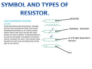 RESISTOR
VARIABLE- RESISTOR
(L D R) light dependent-
Resistor.
fuse
LIGHT DEPENDENT RESISTOR
(L D R)
THESE RESISTOR WHOSE RESISTANCE DEPENDS
ON THE LIGHT FALLING ON THEM .THEY OFFER
MAXIMUM RESISTANCE (2 TO 5 MEGA OHMS)
WHEN THERE IS NO LIGHT FALLING ON THEM .
WHEN THE LIGHT IS BRIGHT ,THEIR RESISTANCE IS
AS LOW AS 150 OHMS. THIS MAKES THIS DEVICE
USEFUL TO SENSE THE LIGHT .THEY DO NOT HAVE
POLARITY SO YHEY CAN BE CONNECTED EITHER
WAY IN THE CIRCUIT .
 