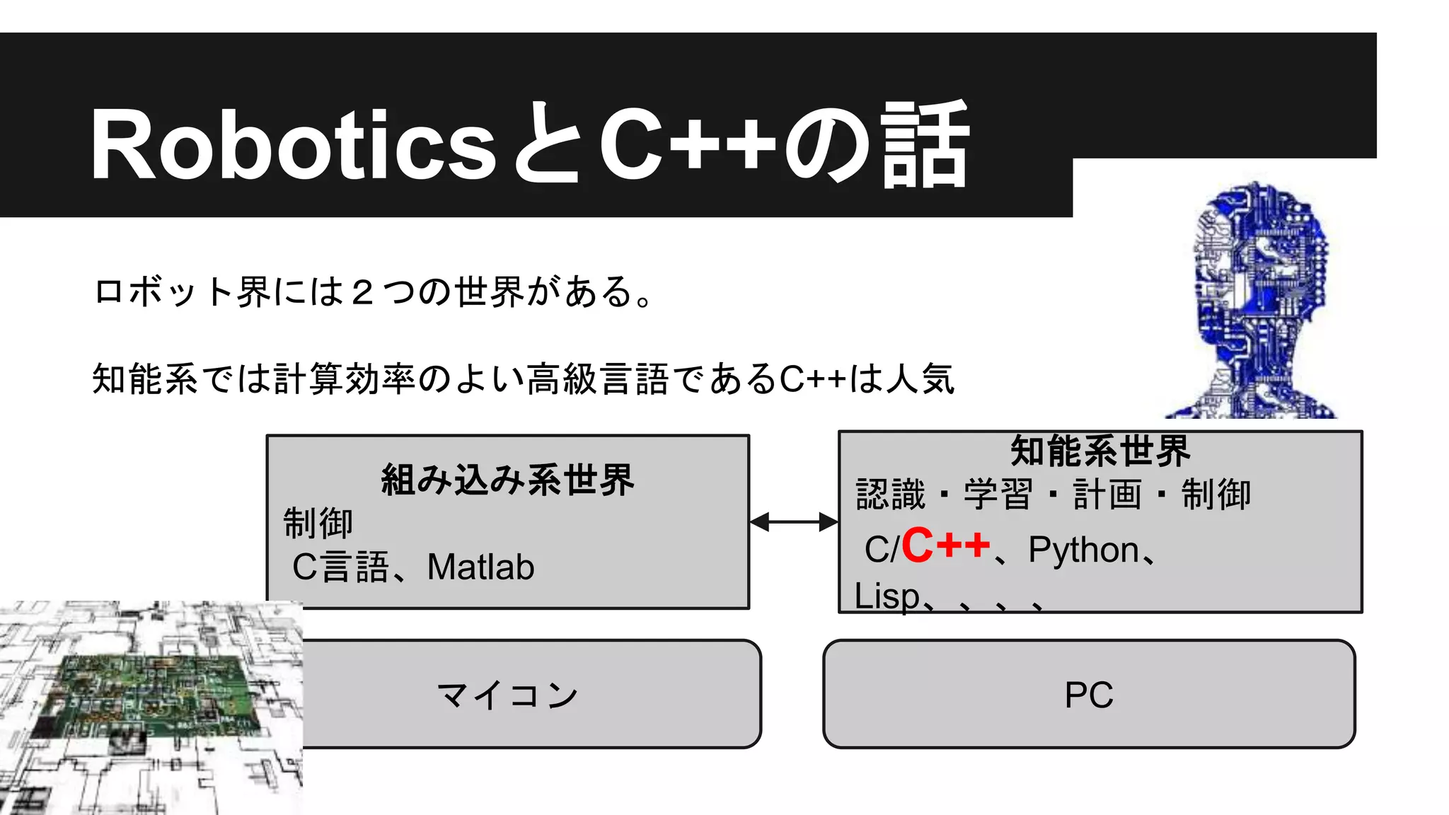 RoboticsとC++の話
組み込み系世界
制御
C言語、Matlab
マイコン
知能系世界
認識・学習・計画・制御
C/C++、Python、
Lisp、、、、
PC
ロボット界には２つの世界がある。
知能系では計算効率のよい高級言語であるC++は人気
 