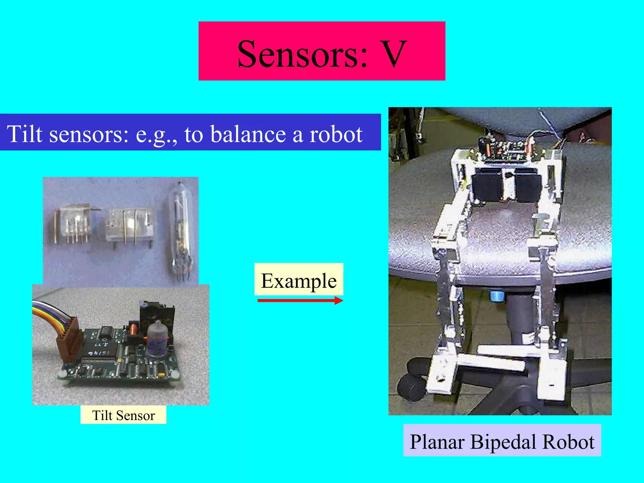 Tilt Sensor 
Planar Bipedal Robot 
Sensors: V 
Tilt sensors: e.g., to balance a robot 
Example 
 