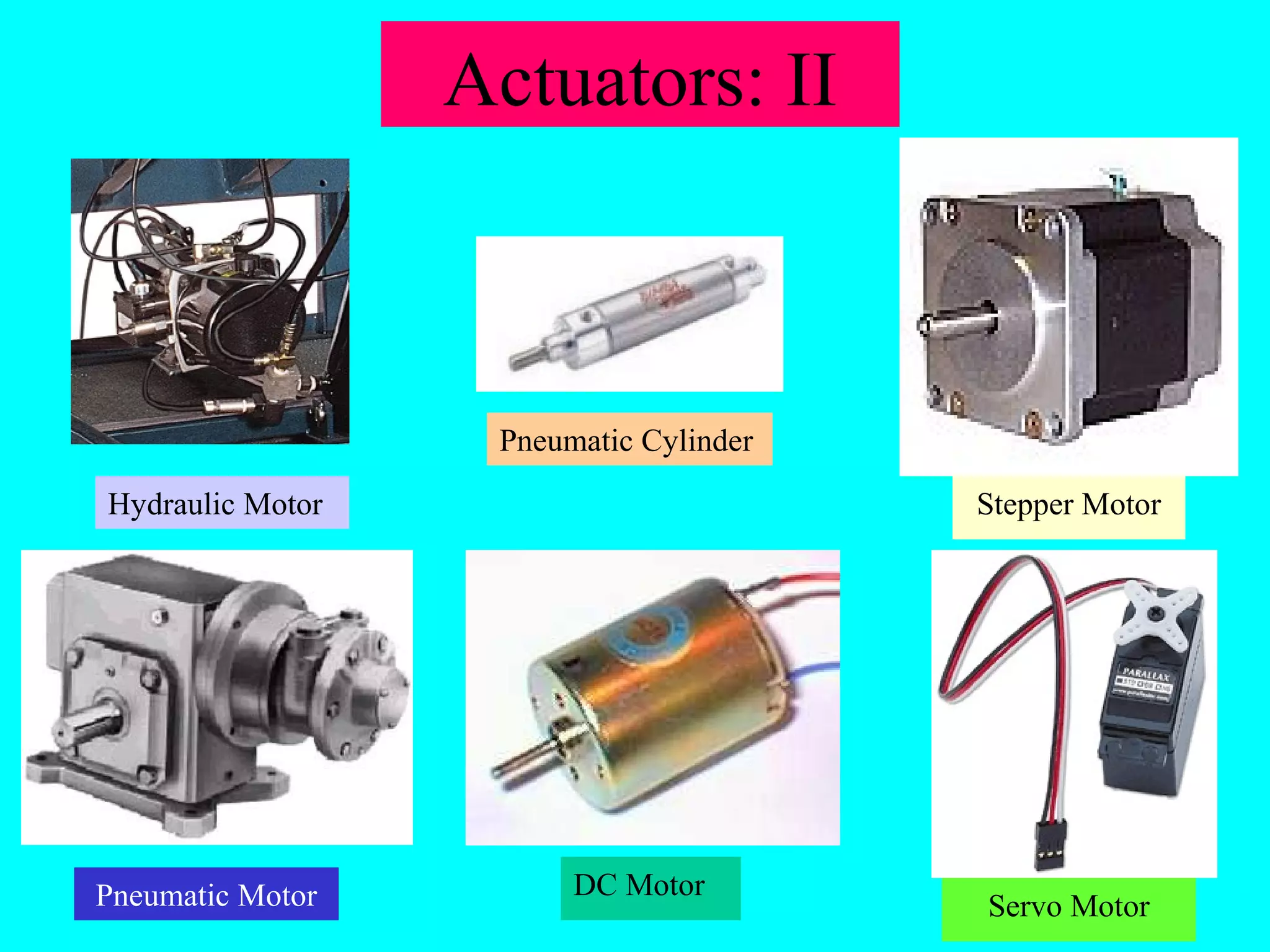 Actuators: II 
Pneumatic Cylinder 
Hydraulic Motor Stepper Motor 
DC Motor 
Pneumatic Motor Servo Motor 
 