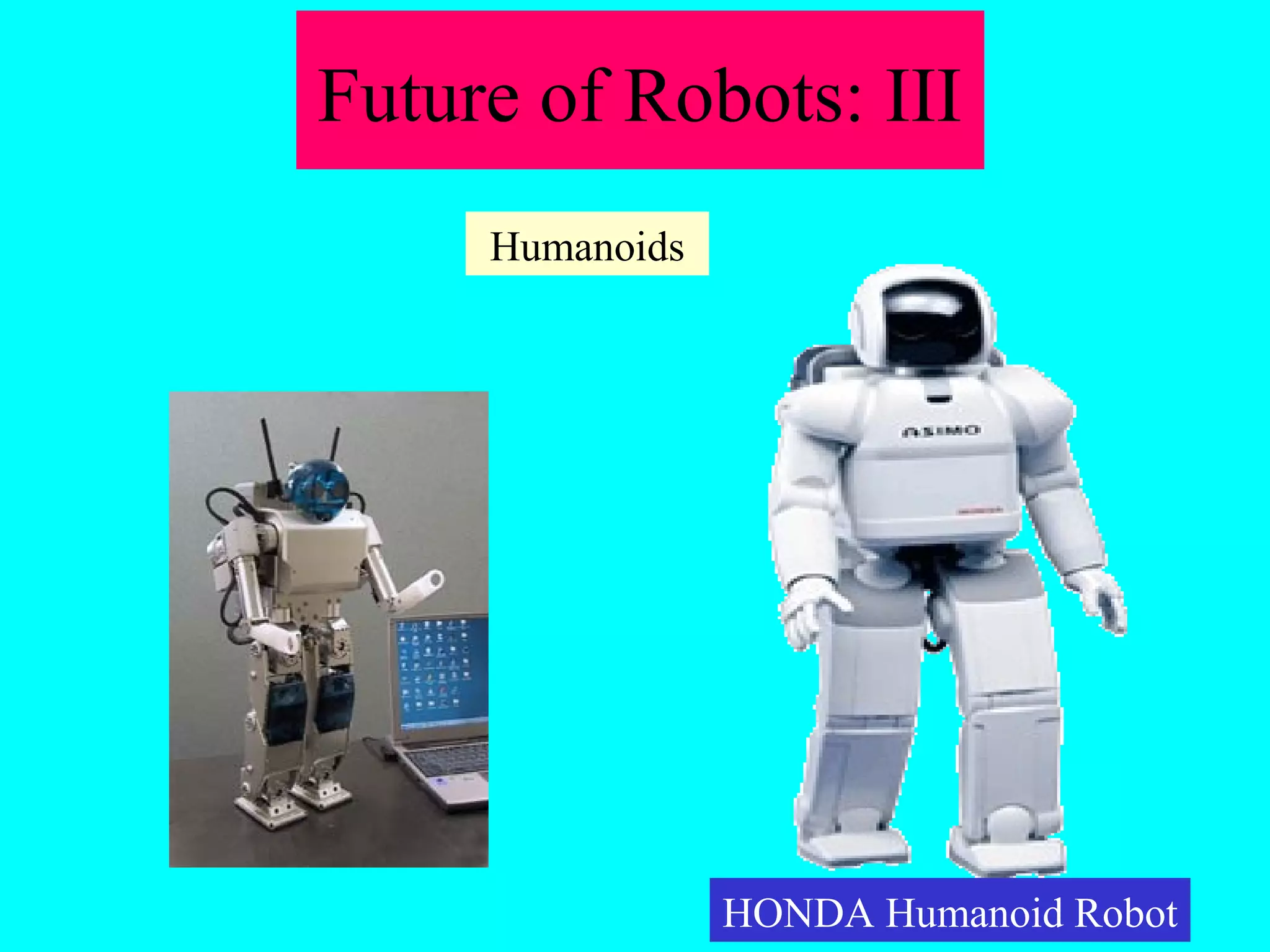 Future of Robots: III 
HONDA Humanoid Robot 
Humanoids 
 
