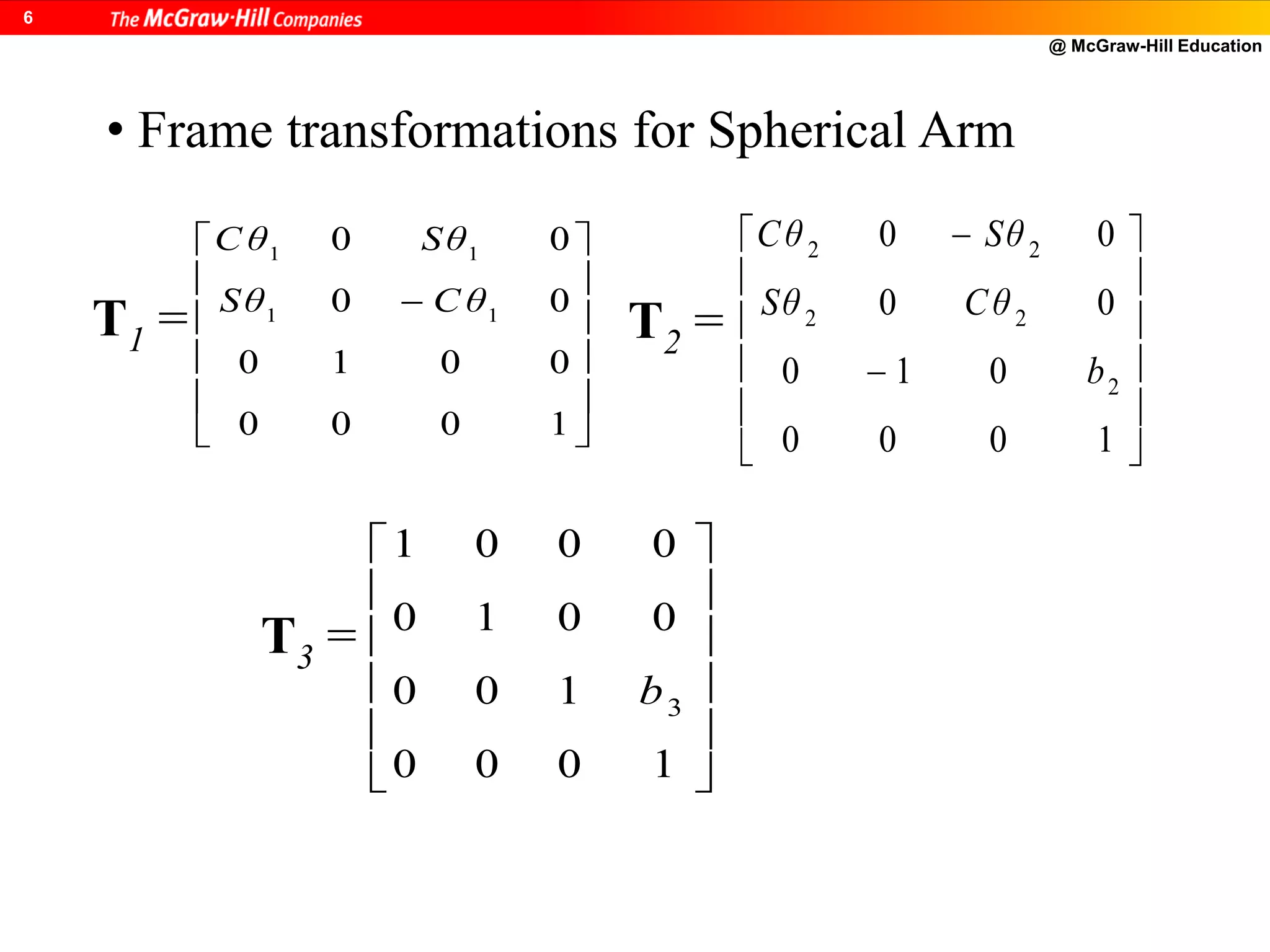 @ McGraw-Hill Education
6
T1 =













1000
0010
00
00
11
11
C θSθ
SθC θ
T2 =














1000
010
00
00
2
22
22
b
CθSθ
SθCθ
T3 =












1000
100
0010
0001
3b
• Frame transformations for Spherical Arm
 