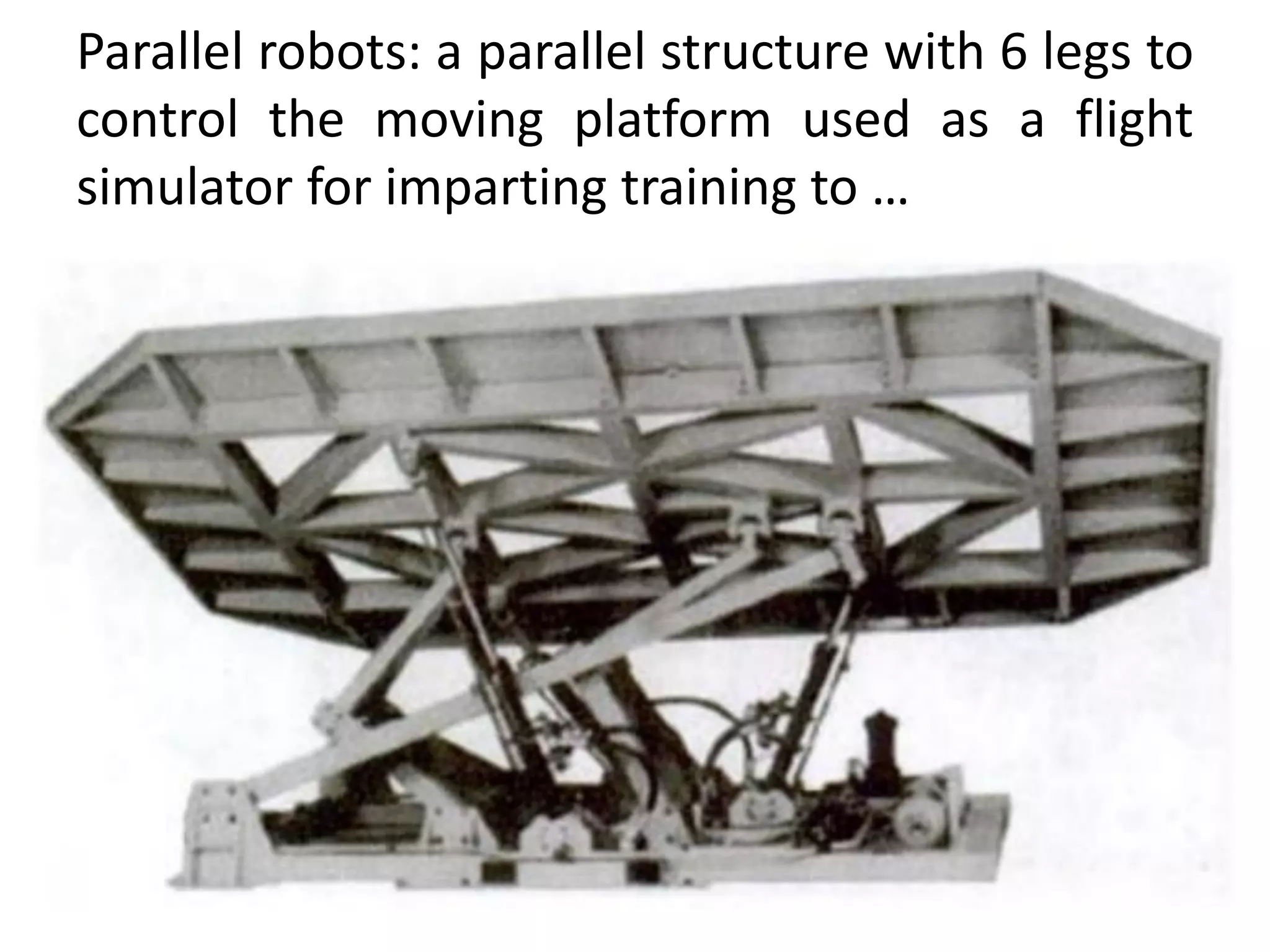 Parallel robots: a parallel structure with 6 legs to
control the moving platform used as a flight
simulator for imparting training to …
 