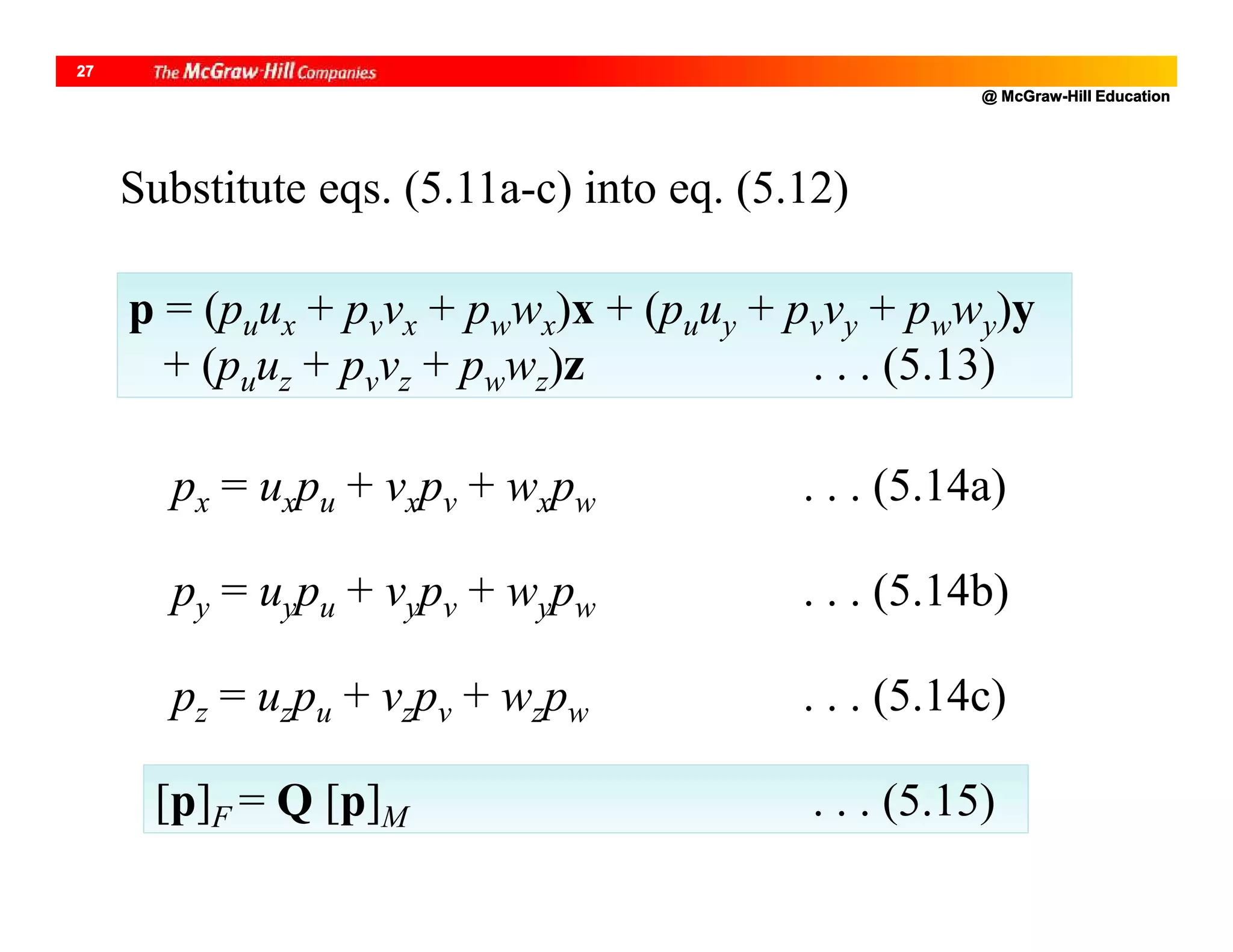 @ McGraw-Hill Education
27
p = (puux + pvvx + pwwx)x + (puuy + pvvy + pwwy)y
+ (puuz + pvvz + pwwz)z . . . (5.13)
px = uxpu + vxpv + wxpw . . . (5.14a)
py = uypu + vypv + wypw . . . (5.14b)
pz = uzpu + vzpv + wzpw . . . (5.14c)
Substitute eqs. (5.11a-c) into eq. (5.12)
[p]F = Q [p]M . . . (5.15)
 