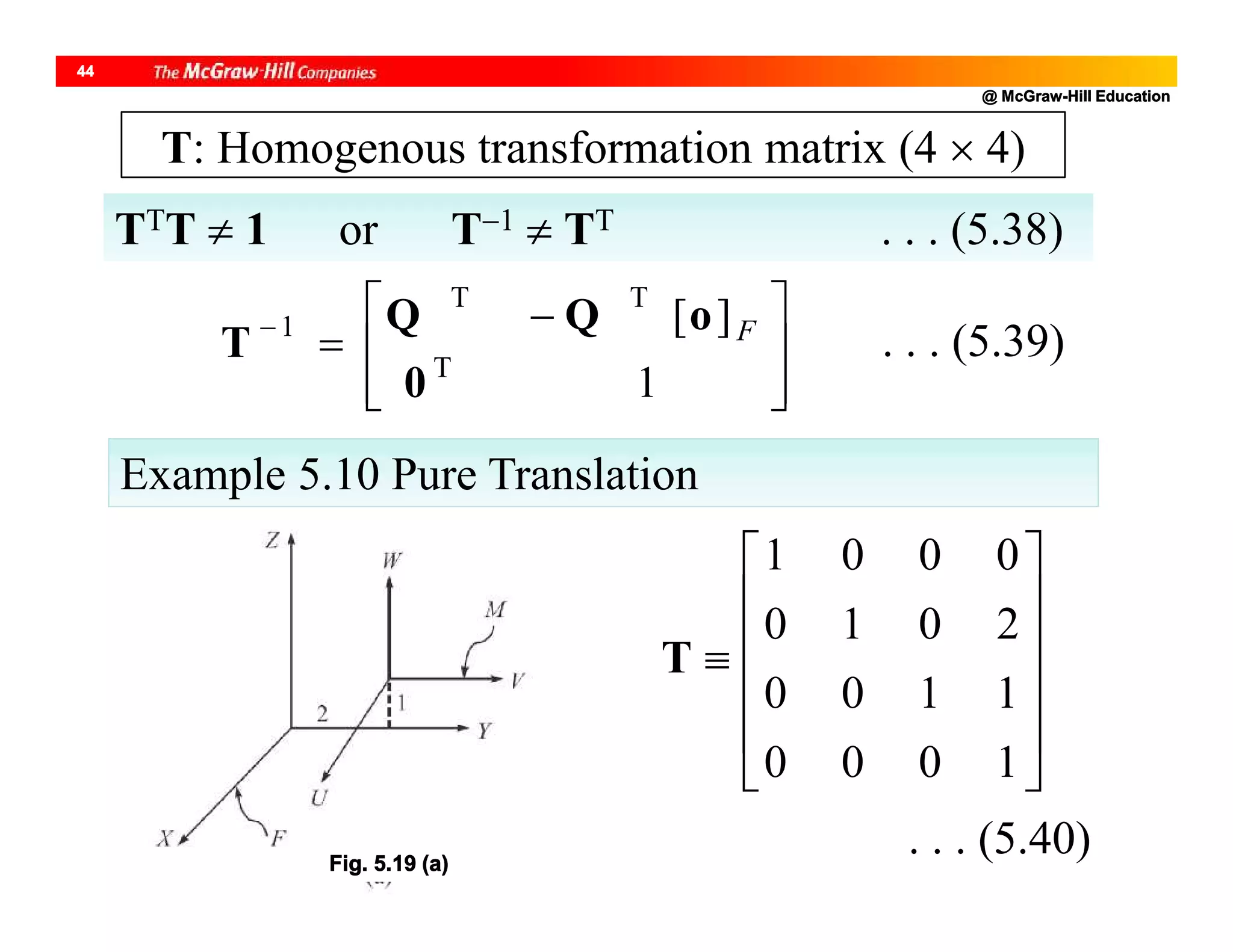 @ McGraw-Hill Education
44
TTT  1 or T1  TT . . . (5.38)







 

1
][
T
TT
1
0
oQQ
T F
. . . (5.39)













1000
1100
2010
0001
T
. . . (5.40)
Example 5.10 Pure Translation
T: Homogenous transformation matrix (4  4)
Fig. 5.19 (a)
 
