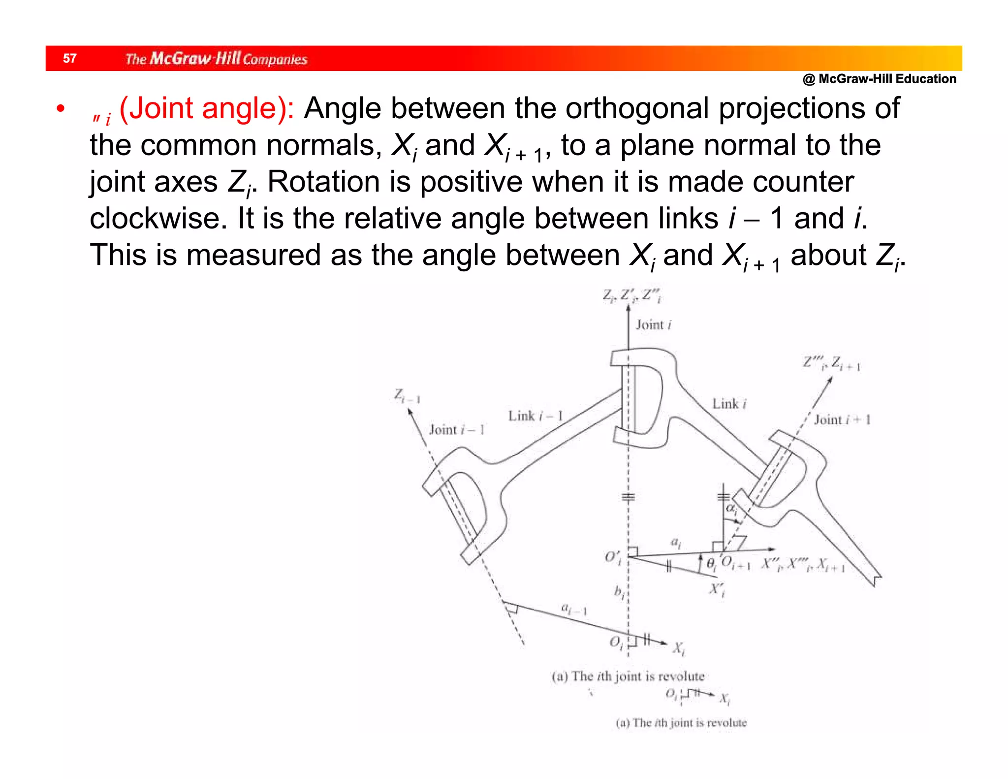 @ McGraw-Hill Education
57
• i (Joint angle): Angle between the orthogonal projections of
the common normals, Xi and Xi + 1, to a plane normal to the
joint axes Zi. Rotation is positive when it is made counter
clockwise. It is the relative angle between links i  1 and i.
This is measured as the angle between Xi and Xi + 1 about Zi.
 
