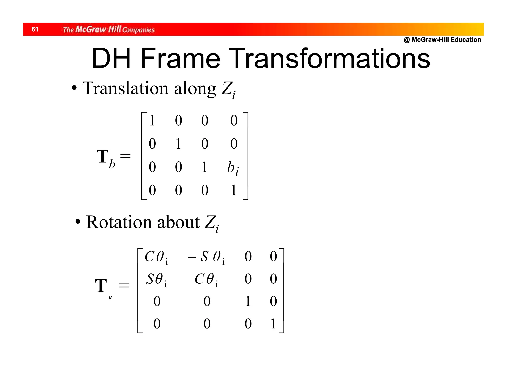 @ McGraw-Hill Education
61
Tb =












1000
100
0010
0001
ib
T =











 
1000
0100
00
00
ii
ii
CθSθ
θSCθ
DH Frame Transformations
• Translation along Zi
• Rotation about Zi
 