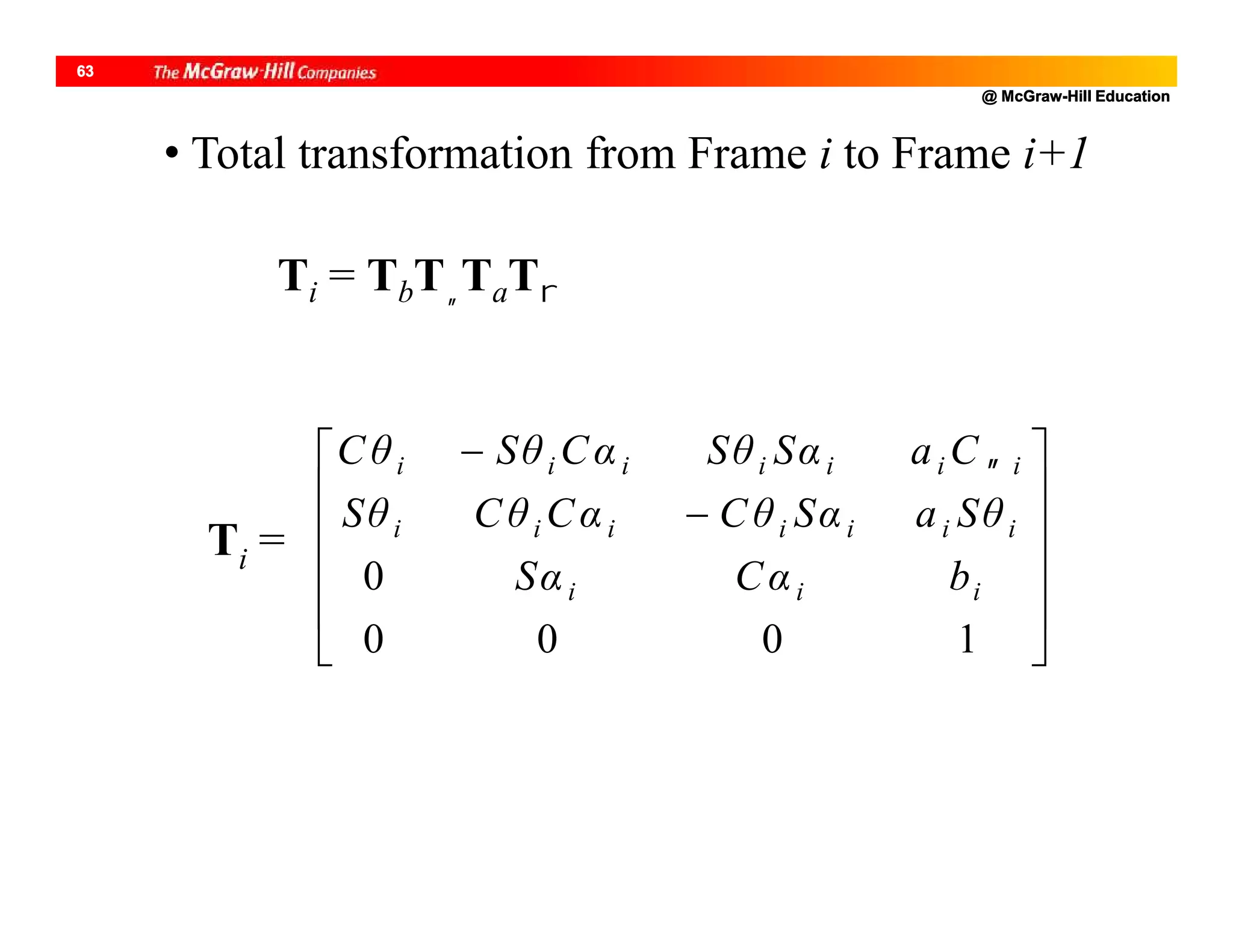 @ McGraw-Hill Education
63
Ti = TbTTaT
Ti =














1000
0 iii
iiiiiii
iiiiiii
bCαSα
SθaSαCθCαCθSθ
CaSαSθCαSθCθ 
• Total transformation from Frame i to Frame i+1
 