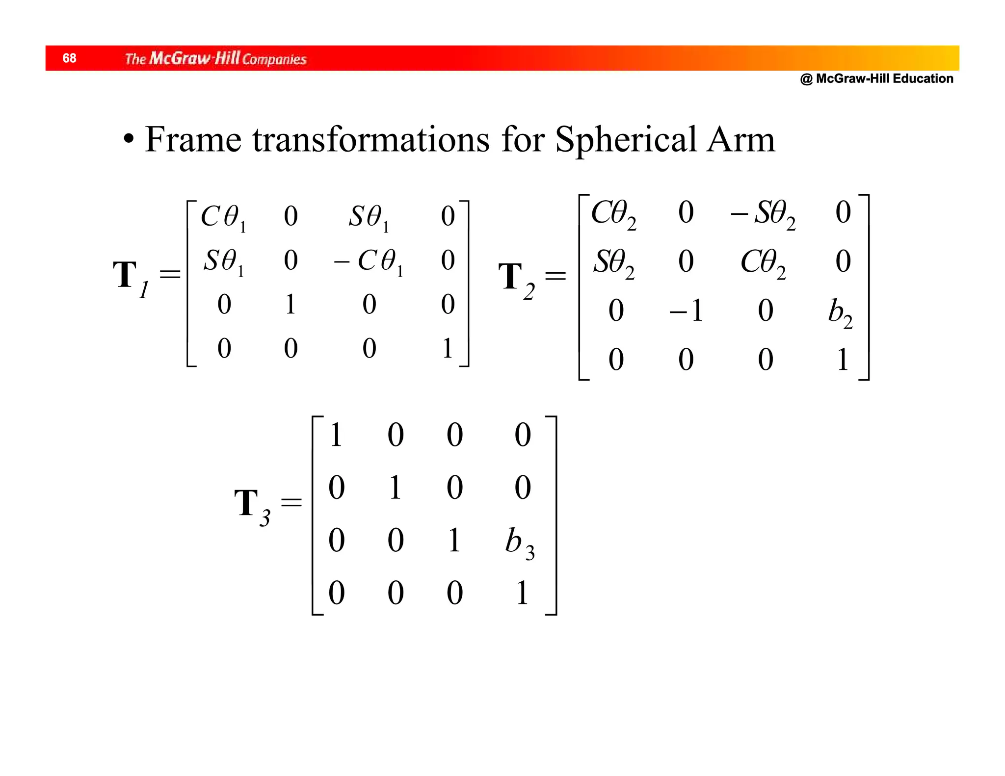 @ McGraw-Hill Education
68
T1 =













1000
0010
00
00
11
11
CθSθ
SθCθ
T2 =














1000
010
00
00
2
22
22
b
CθSθ
SθCθ
T3 =












1000
100
0010
0001
3b
• Frame transformations for Spherical Arm
 