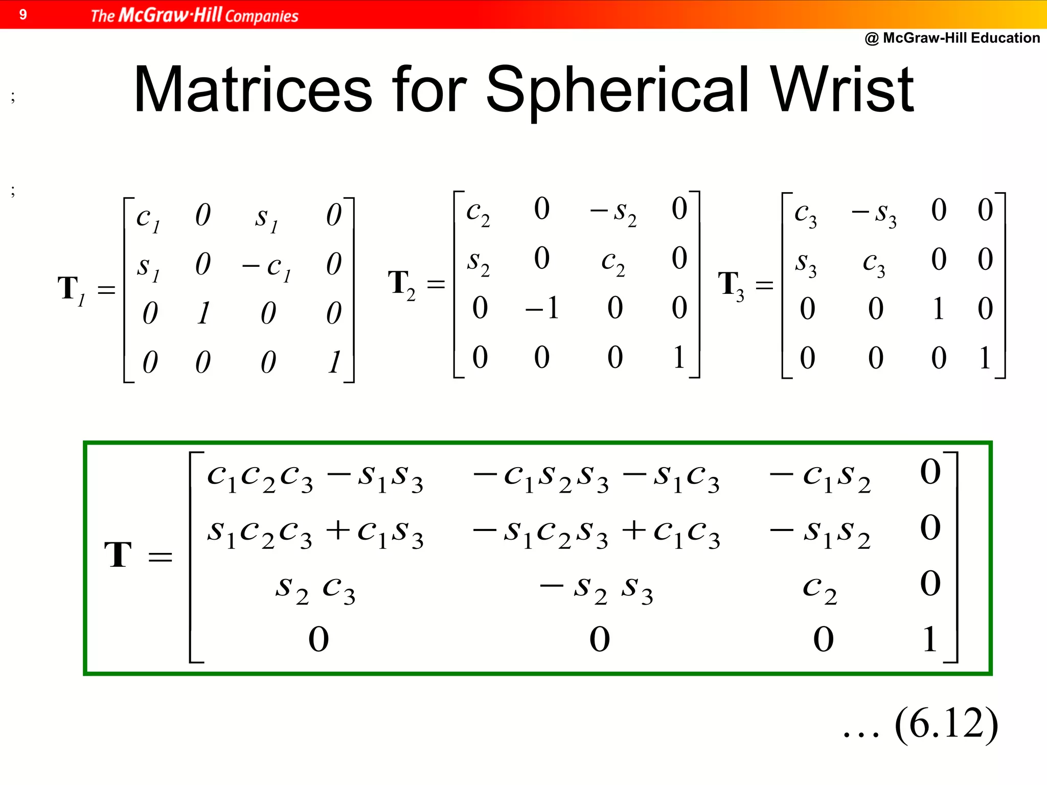 @ McGraw-Hill Education
9
Matrices for Spherical Wrist














1000
0010
0c0s
0s0c
11
11
1T















1000
0010
00
00
22
22
2
cs
sc
T











 

1000
0100
00
00
33
33
3
cs
sc
T
;
;
















1000
0
0
0
23232
213132131321
213132131321
csscs
ssccscsscccs
sccssscssccc
T
… (6.12)
 
