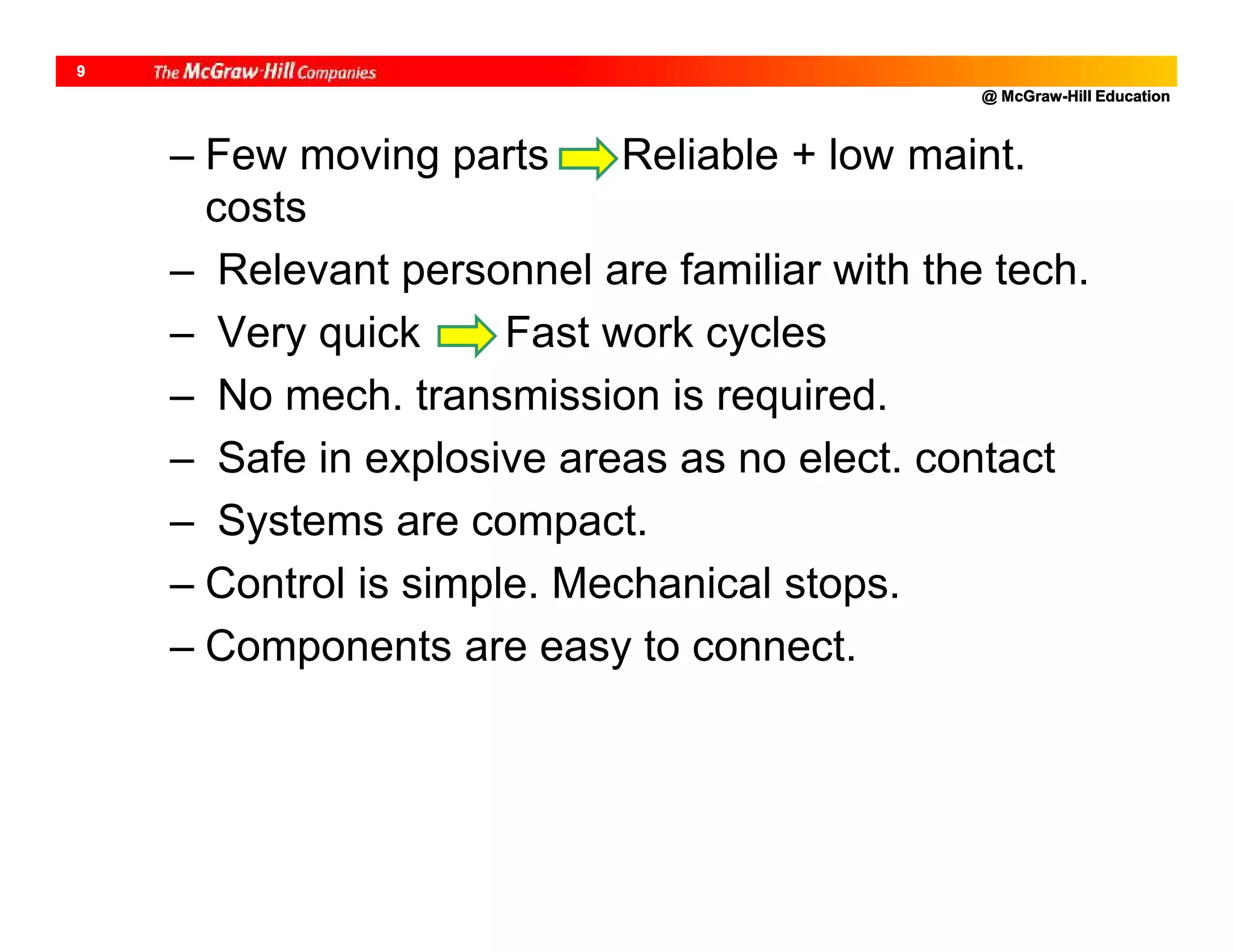 @ McGraw-Hill Education
9
– Few moving parts Reliable + low maint.
costs
– Relevant personnel are familiar with the tech.
– Very quick Fast work cycles
– No mech. transmission is required.
– Safe in explosive areas as no elect. contact
– Systems are compact.
– Control is simple. Mechanical stops.
– Components are easy to connect.
 