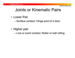 @ McGraw-Hill Education
4
Joints or Kinematic Pairs
• Lower Pair
– Surface contact: Hinge joint of a door
• Higher pair
– Line or point contact: Roller or ball rolling
 