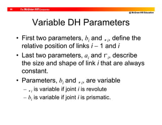 @ McGraw-Hill Education
60
Variable DH Parameters
• First two parameters, bi and i, define the
relative position of links i  1 and i
• Last two parameters, ai and i, describe
the size and shape of link i that are always
constant.
• Parameters, bi and i, are variable
– i is variable if joint i is revolute
– bi is variable if joint i is prismatic.
 