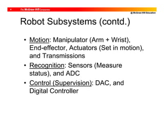 @ McGraw-Hill Education
4
Robot Subsystems (contd.)
• Motion: Manipulator (Arm + Wrist),
End-effector, Actuators (Set in motion),
and Transmissions
• Recognition: Sensors (Measure
status), and ADC
• Control (Supervision): DAC, and
Digital Controller
 