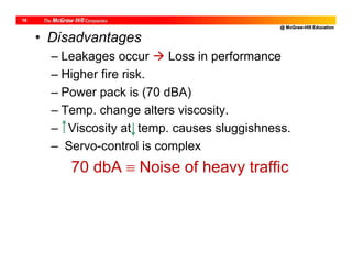 @ McGraw-Hill Education
16
• Disadvantages
– Leakages occur  Loss in performance
– Higher fire risk.
– Power pack is (70 dBA)
– Temp. change alters viscosity.
– Viscosity at temp. causes sluggishness.
– Servo-control is complex
70 dbA  Noise of heavy traffic
 