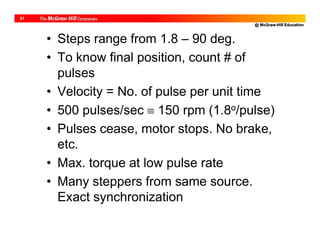 @ McGraw-Hill Education
21
• Steps range from 1.8 – 90 deg.
• To know final position, count # of
pulses
• Velocity = No. of pulse per unit time
• 500 pulses/sec  150 rpm (1.8o/pulse)
• Pulses cease, motor stops. No brake,
etc.
• Max. torque at low pulse rate
• Many steppers from same source.
Exact synchronization
 