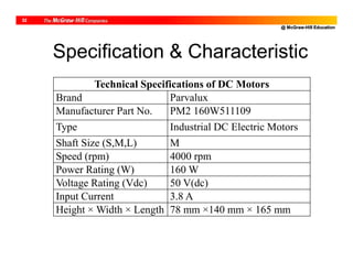 @ McGraw-Hill Education
32
Specification & Characteristic
Technical Specifications of DC Motors
Brand Parvalux
Manufacturer Part No. PM2 160W511109
Type Industrial DC Electric Motors
Shaft Size (S,M,L) M
Speed (rpm) 4000 rpm
Power Rating (W) 160 W
Voltage Rating (Vdc) 50 V(dc)
Input Current 3.8 A
Height × Width × Length 78 mm ×140 mm × 165 mm
 