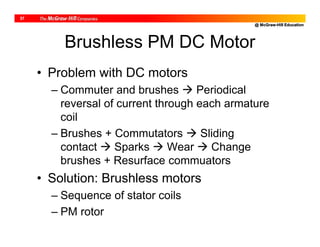 @ McGraw-Hill Education
37
Brushless PM DC Motor
• Problem with DC motors
– Commuter and brushes  Periodical
reversal of current through each armature
coil
– Brushes + Commutators  Sliding
contact  Sparks  Wear  Change
brushes + Resurface commuators
• Solution: Brushless motors
– Sequence of stator coils
– PM rotor
 