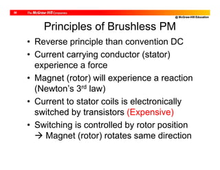 @ McGraw-Hill Education
39
Principles of Brushless PM
• Reverse principle than convention DC
• Current carrying conductor (stator)
experience a force
• Magnet (rotor) will experience a reaction
(Newton’s 3rd law)
• Current to stator coils is electronically
switched by transistors (Expensive)
• Switching is controlled by rotor position
 Magnet (rotor) rotates same direction
 