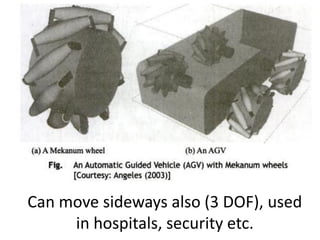 Can move sideways also (3 DOF), used
in hospitals, security etc.
 