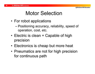 @ McGraw-Hill Education
54
Motor Selection
• For robot applications
– Positioning accuracy, reliability, speed of
operation, cost, etc.
• Electric is clean + Capable of high
precision
• Electronics is cheap but more heat
• Pneumatics are not for high precision
for continuous path
 