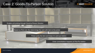 greyorange.comCopyright © 2016 GreyOrange
Enable unit picking through Good-to-Person Solution
Based on Pick List, the robot brings the rack with item to the picker
Picker picks the item and keep it in pick-put station
Order consolidation happens at Pick-Put station
Case 2: Goods-To-Person Solution
 
