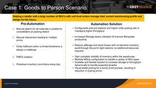 greyorange.comCopyright © 2016 GreyOrange
Case 1: Goods to Person Scenario
Pre-Automation
• Manual search for all materials in picklist for
consolidation at packing station
• Manual intervention leading to multiple
errors
• Order fulfilment within a limited timeframe is
always a challenge
• FMFO violation
• Perpetual inventory count done every day
Automation Solution
Helping a retailer with a large number of SKU’s with unit level orders manage their current warehousing profile and
design for the future.
• Configurable pick-put stations and higher order picking rate in
managing higher throughput
• Increased Storage space utilization & Improve Manpower
productivity
• Reduce pilferage and stock losses with on-demand inventory
audit through the put to light stations; no additional resources
required
• Gain complete visibility of inventory within the warehouse
• Modular MSUs configuration to handle a variety of SKU types
• Scalable and flexible solution to increase storage or throughput
dynamically to handle projected growths
• Visual-aided picking for a dumb proof process, resulting in
reduction in picking errors
 