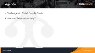 greyorange.comCopyright © 2016 GreyOrange
• Challenges in Retail Supply Chain
• How can Automation Help?
Agenda
 