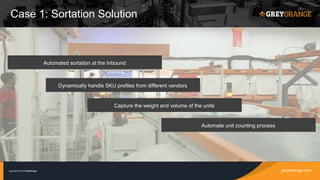 greyorange.comCopyright © 2016 GreyOrange
Automated sortation at the Inbound
Dynamically handle SKU profiles from different vendors
Capture the weight and volume of the units
Automate unit counting process
Case 1: Sortation Solution
 