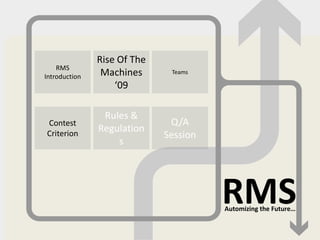 Rise Of The
    RMS
Introduction    Machines      Teams

                   ‘09

                Rules &
Contest                       Q/A
Criterion
               Regulation
                             Session
                   s




                                       RMS
                                       Automizing the Future…
 